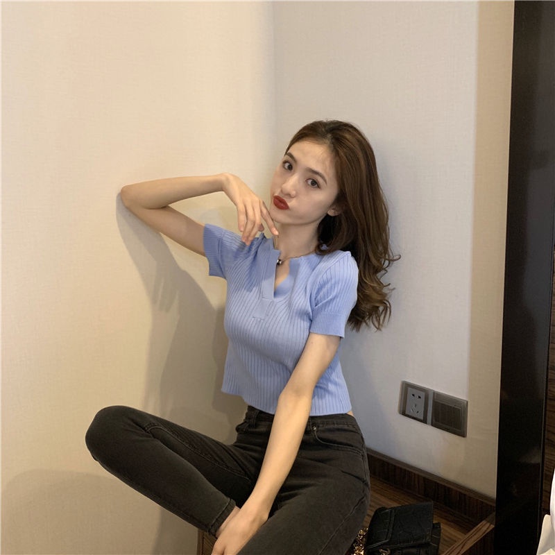 Áo thun tay ngắn croptop CỔ V phong cách Hàn Quốc - AK0037 | steven.factory