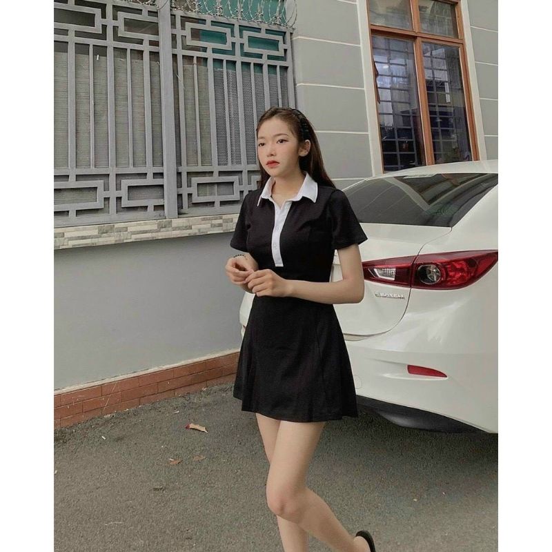 Váy Polo Màu Đen Viền Cổ Trắng, Đầm Ôm màu Đen
