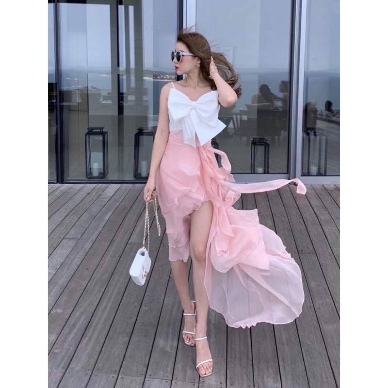 áo hai dây croptop phối nơ bản to