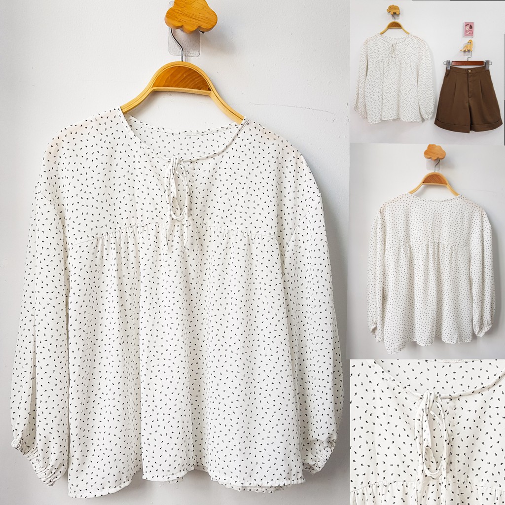 {Giá sốc trải nghiệm sp}-Áo kiểu babydoll nữ tay dài cột nơ.