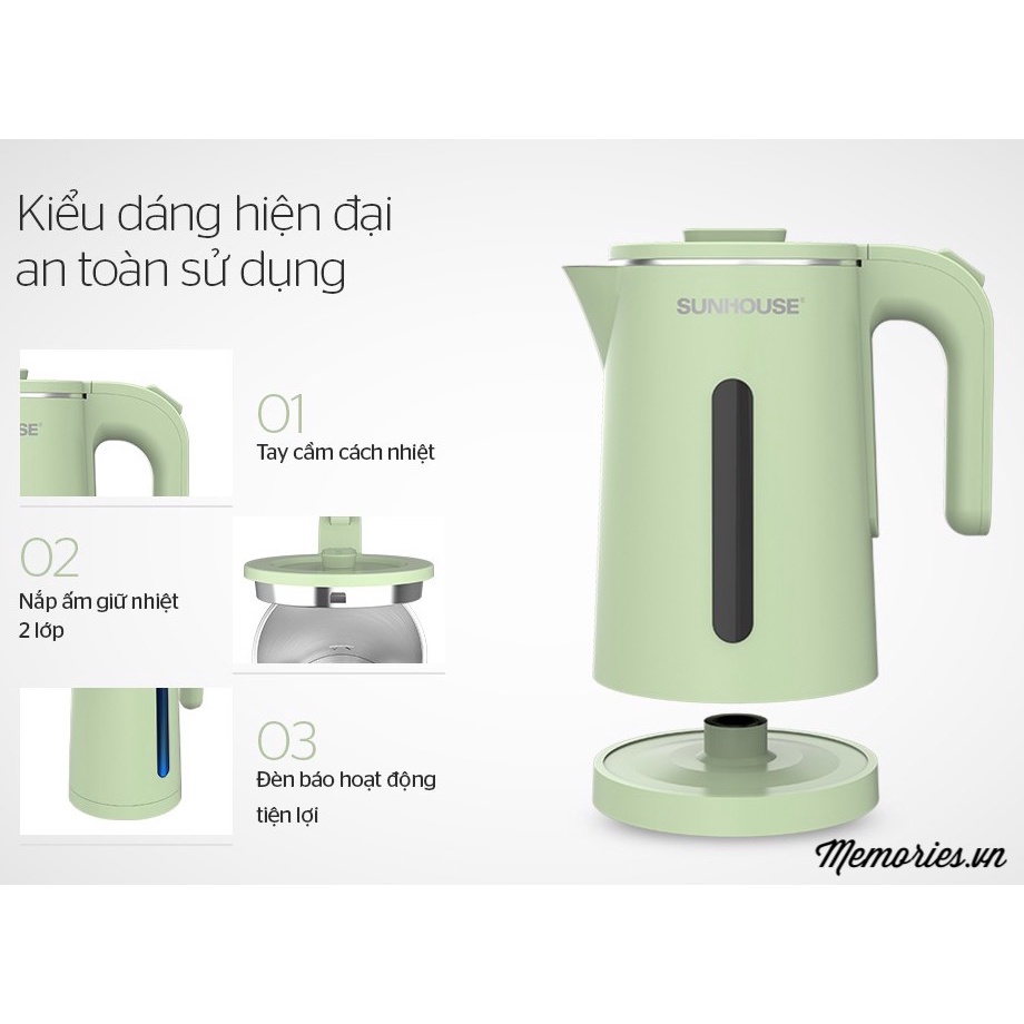 Ấm điện siêu tốc Sunhouse SHD1353 inox 2 lớp 1,8 lít  - Chính hãng chất lượng cao, giá tốt, gọn nhẹ phù hợp du lịch