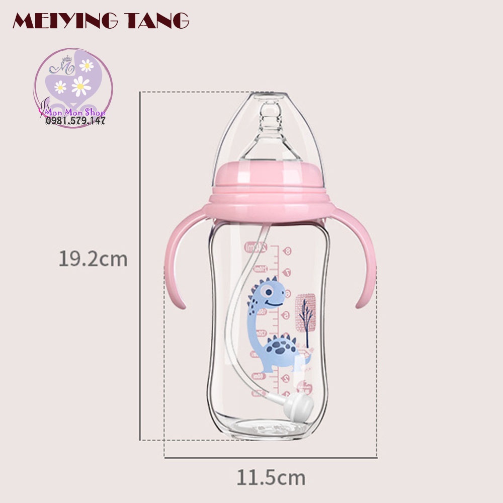 Bình sữa thủy tinh cổ rộng 180ml/240ml có lẻ tay cầm và núm ti siêu mềm, van chống sặc Meiying Tang (vừa Avent/ Spectra)