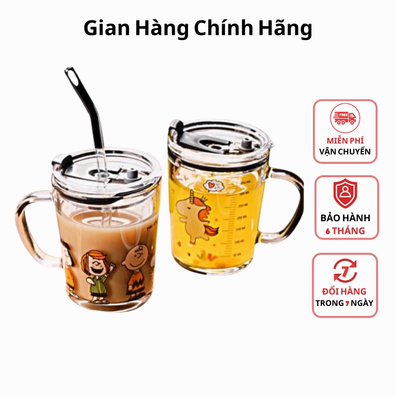 Cốc pha sữa thủy tinh cao cấp 2 lớp chịu nhiệt tốt, có vạch chia ML có nắp và quai kèm ống hút an toàn