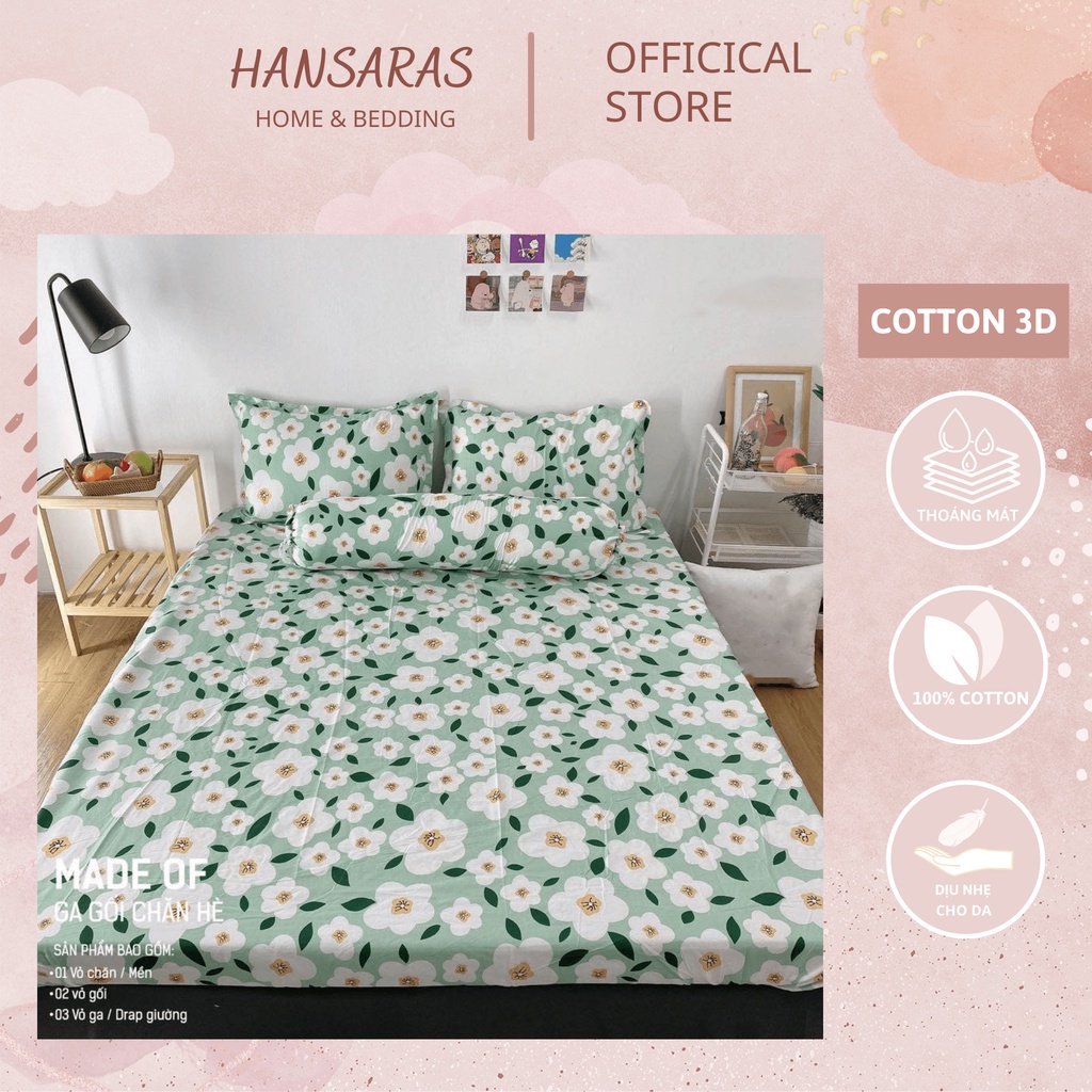 Bộ ga gối cotton 3D HANSARAS mềm mại nhiều mẫu mã BASIC