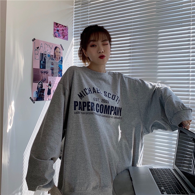 SUXI Áo sweater tay dài cổ tròn dáng rộng in chữ phong cách mùa thu cho nữ