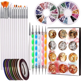 Bộ Cọ Trang Trí Móng Tay Nghệ Thuật Kèm 15 Cọ Màu Sắc Xinh Xắn 5 cái Dụng cụ chấm móng tay, 1 hộp Miếng dán giấy bạc Paillette, 10 miếng Băng dán móng tay, 2 hộp thạch móng tay
