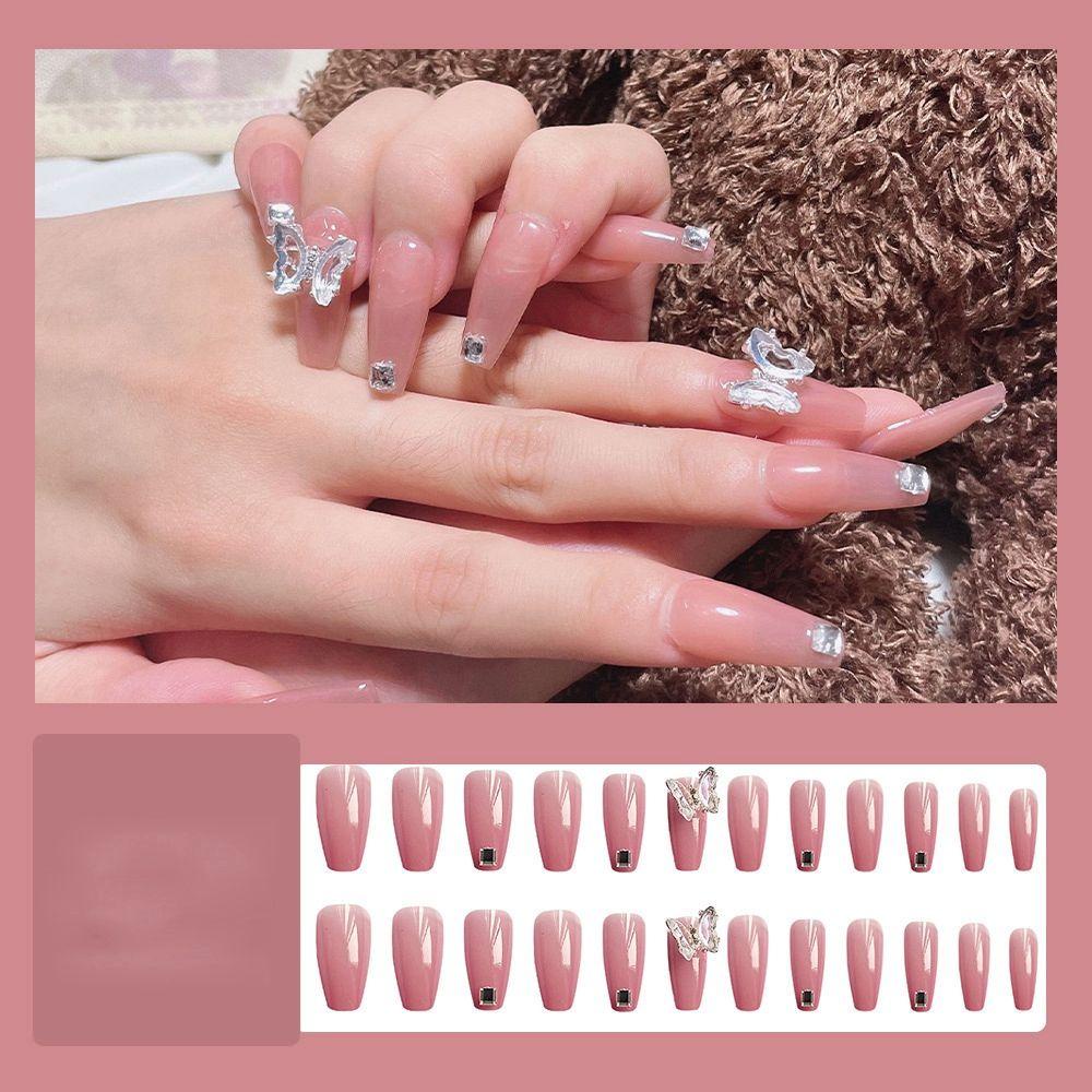 NIUYOU Hộp 24 Móng Tay Giả Che Phủ Toàn Diện Họa Tiết Bướm Lấp Lánh Có Thể Tháo Rời