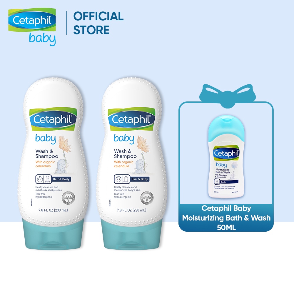 [Tặng Cetaphil Baby Moist Bath&amp;Wash 50ml] Combo 2 Sữa tắm gội cho bé Cetaphil Baby W&amp;S with Organic Calendula 230ml/chai