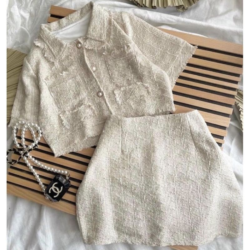 Set dạ tweed nude cúc ngọc sang chảnh, tôn dáng trendy kèm ảnh thật MS803