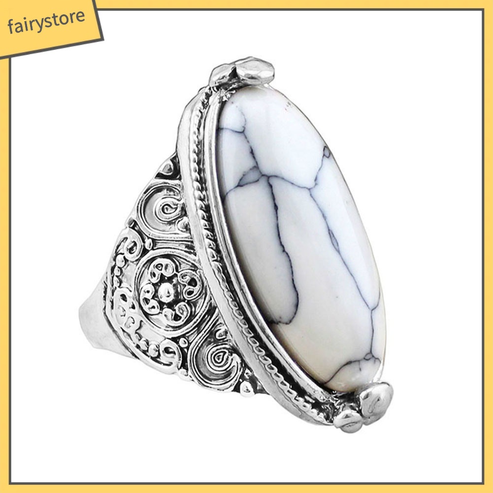 FS_Women Boho Vintage Oval Turquoise Antique Silver Plated Carving Ring Jewelry