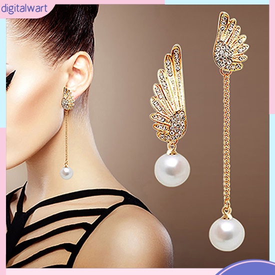 Khuyên tai bất đối xứng hình đôi cánh thiên thần đính hạt ngọc trai nhân tạo xinh xắn sang trọng cho nữ