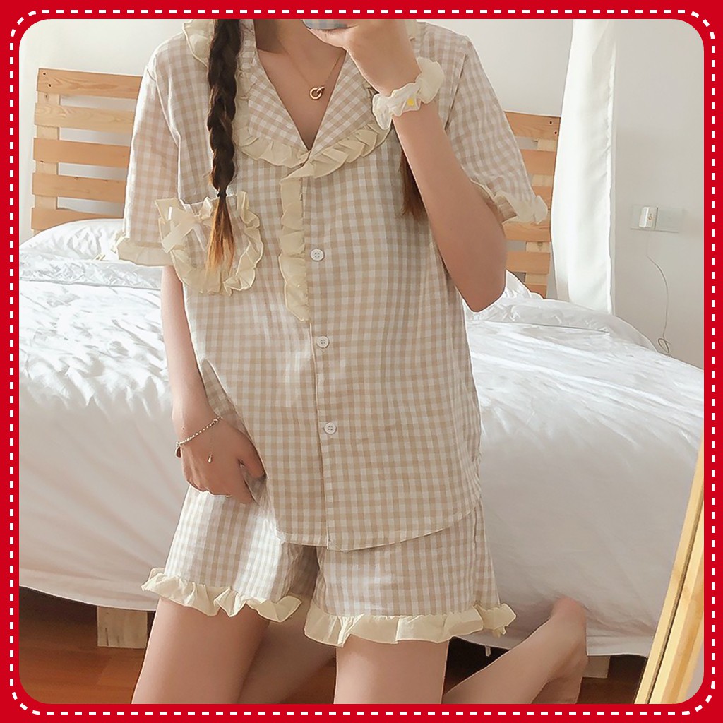 Đồ Ngủ Pijama Ngắn Tay, Bộ Ngủ Kẻ Caro Nhẹ Nhàng Ulzzang Hot Trend