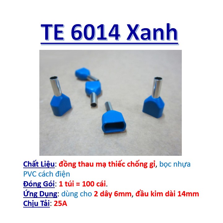 Đầu cos pin rỗng đôi TE4012, TE6014, TE10-14 100cáicosse kim bằng đồng bọc phủ nhựa, cốt bấm nối dây điện 4, 5, 6mm