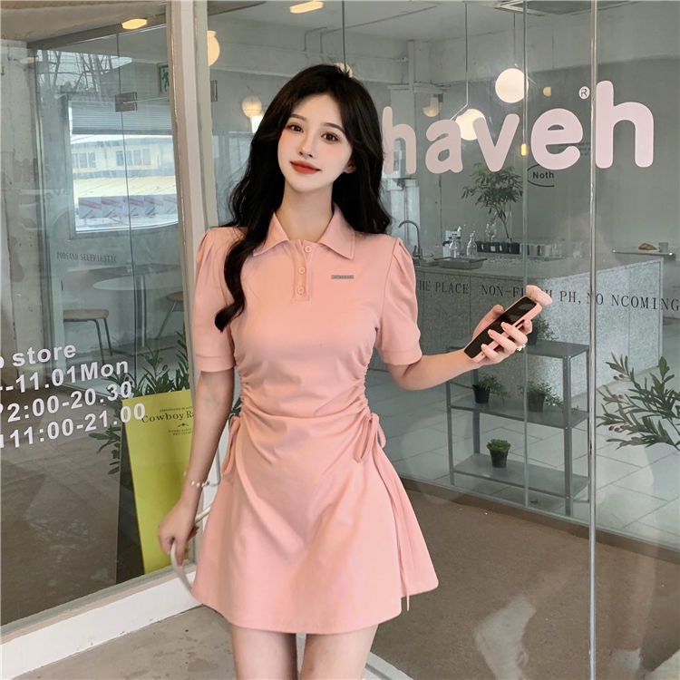 Porozi  Đầm tay ngắn  cổ bẻ chiết eo phong cách Hàn Quốc xinh xắn cho nữ