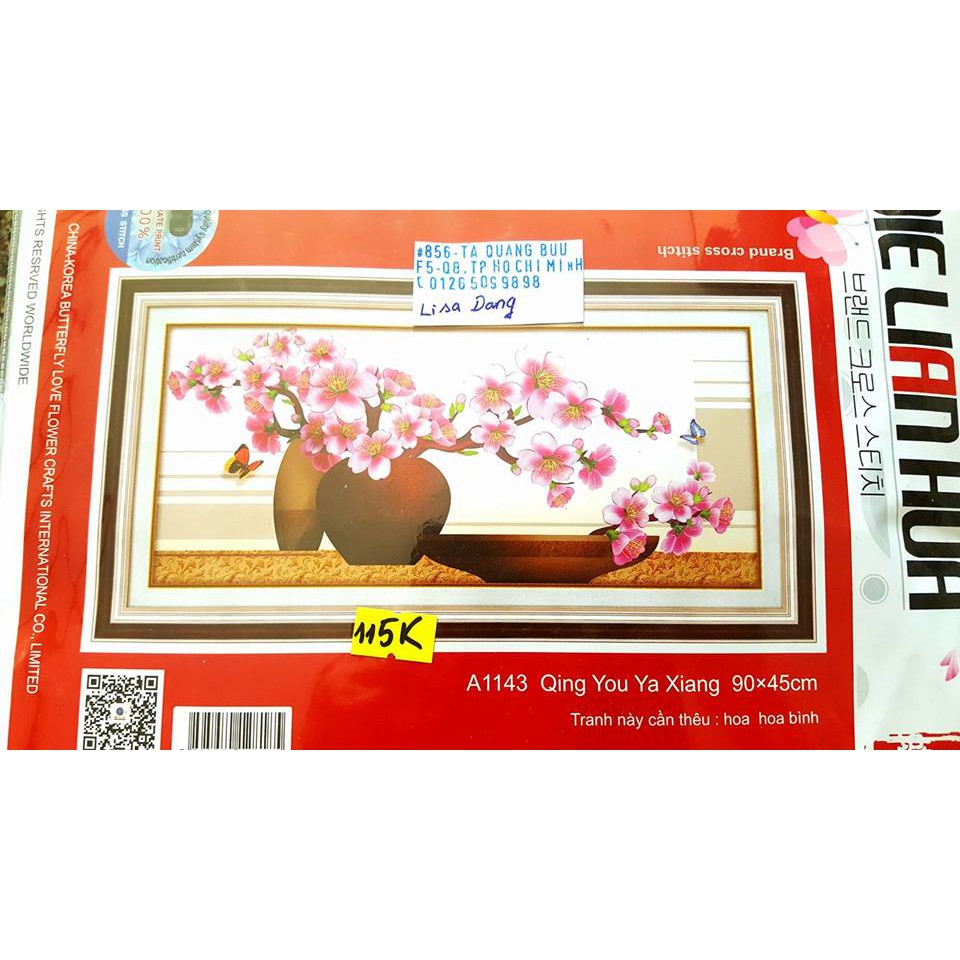 Tranh thêu BÌNH HOA 90x45cm chưa thêu a1143