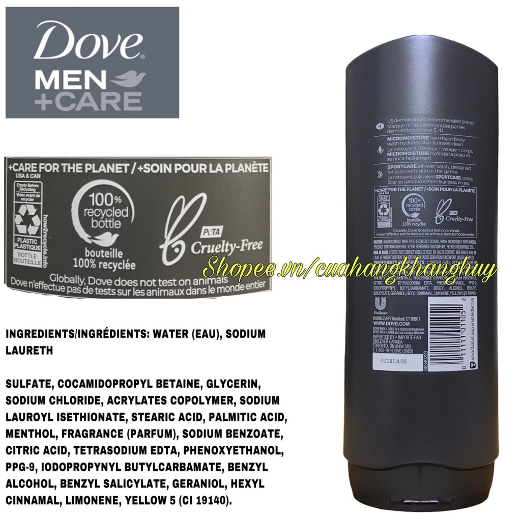 Dove Men+Care SportCare Active + Fresh 3in1 dành cho tóc,mặt, cơ thể 532 ml (Mỹ)