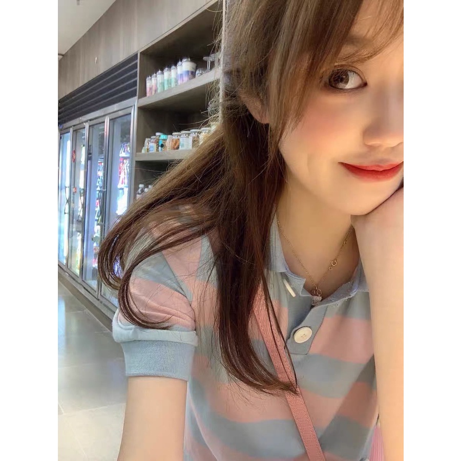 Áo polo Tay Ngắn Họa Tiết Kẻ Sọc Thời Trang Hàn Quốc Cho Nữ