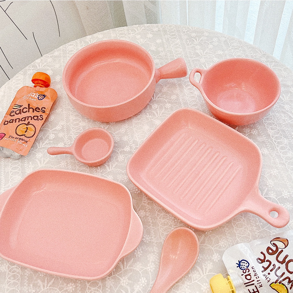 Set 6 món dụng cụ khay chén dĩa muỗng bằng sứ