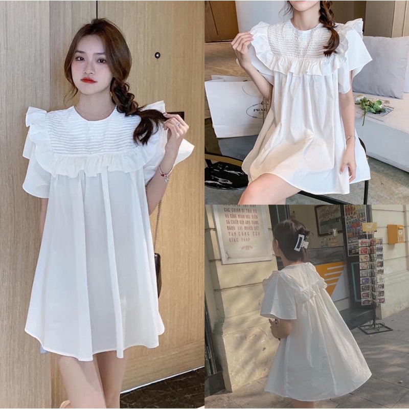 Đầm babydoll tiểu thư dáng xoè xếp ly ngực tay cánh tiên