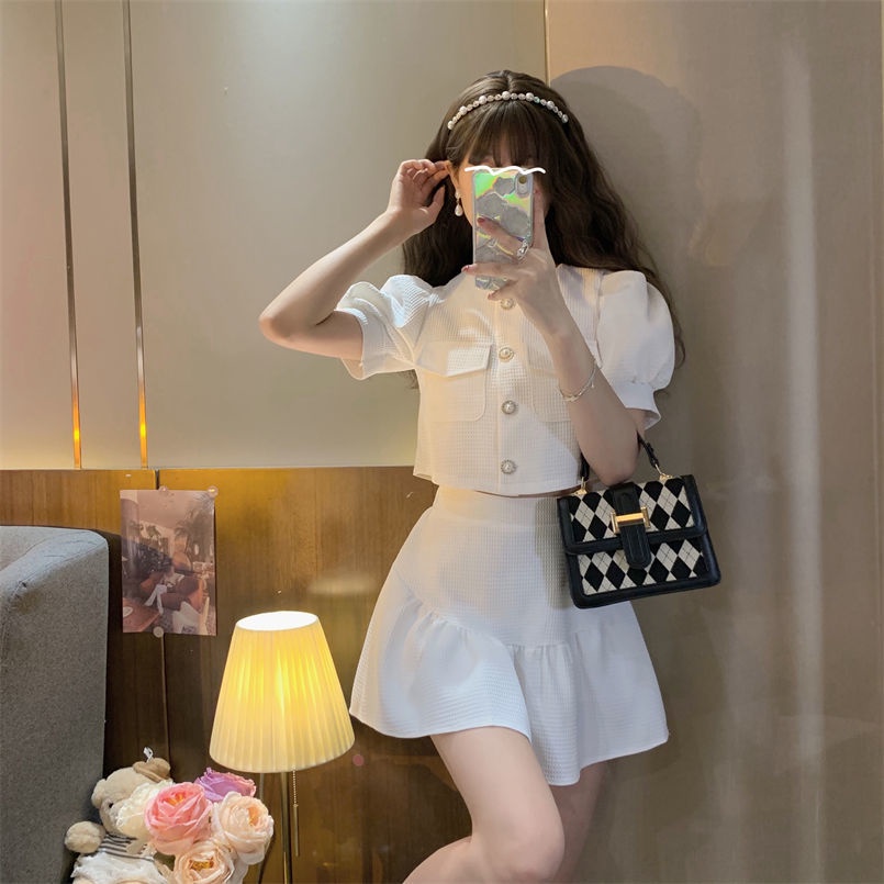 Set đồ COZOKC gồm áo sơ mi tay ngắn và chân váy lưng cao thời trang dành cho nữ