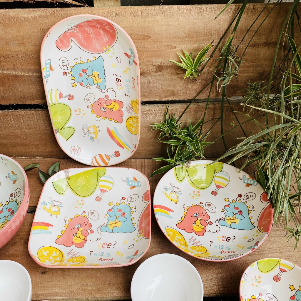 Chén Dĩa Dễ Thương Đĩa Sứ Set Bát Đĩa Decor Bát Ăn Cơm Chén Sứ Đẹp sét khủng long hồng 21 món xinh yêu