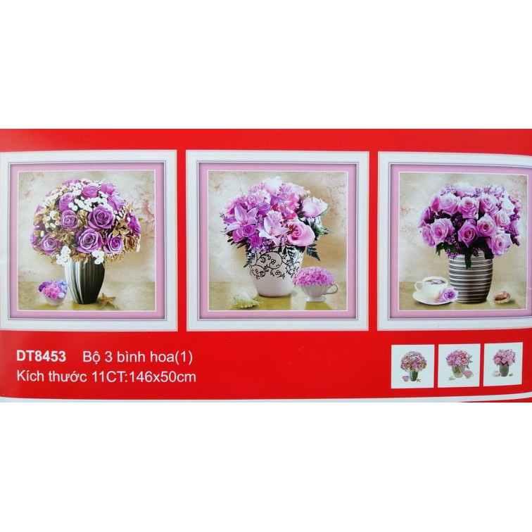 Tranh thêu chữ thập bộ bình hoa 3 bức tuyệt đẹp DT8453