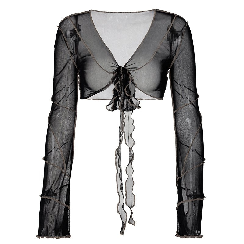 Áo Kiểu Dài Tay Cổ Chữ V Phối Nơ Xinh Xắn Cho Nữ