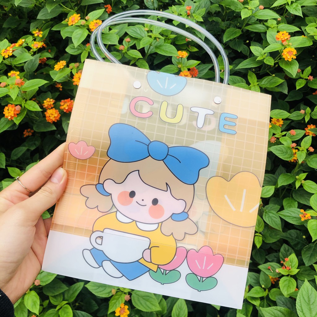 Túi plastic đã năng đựng đồ dùng, đồ trang điểm tiện lợi dễ thương màu cam handmade