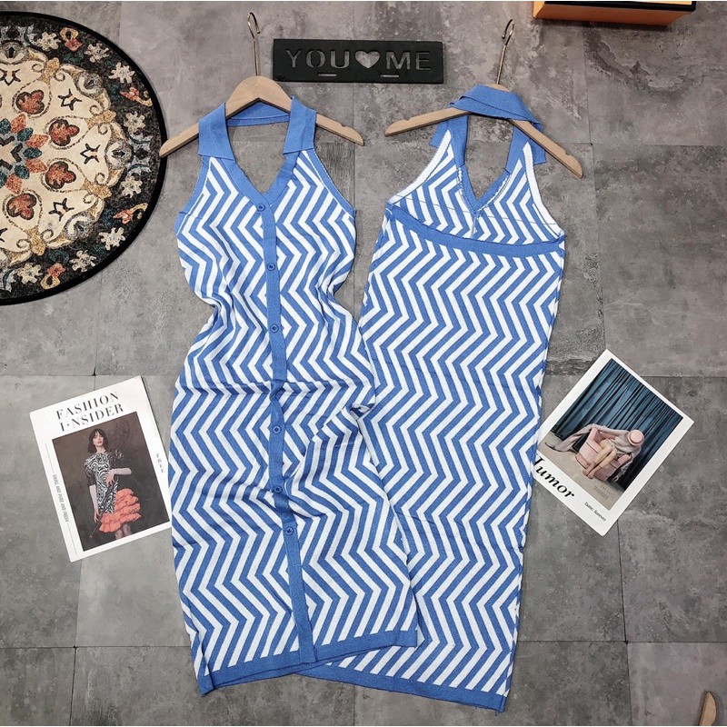 💥Đầm váy body len kẻ zic zắc kiểu yếm có cổ bẻ hot hit | BigBuy360 - bigbuy360.vn