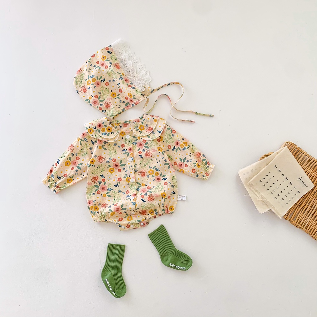 Bộ áo liền quần + mũ in hoa xinh xắn cho bé gái sơ sinh