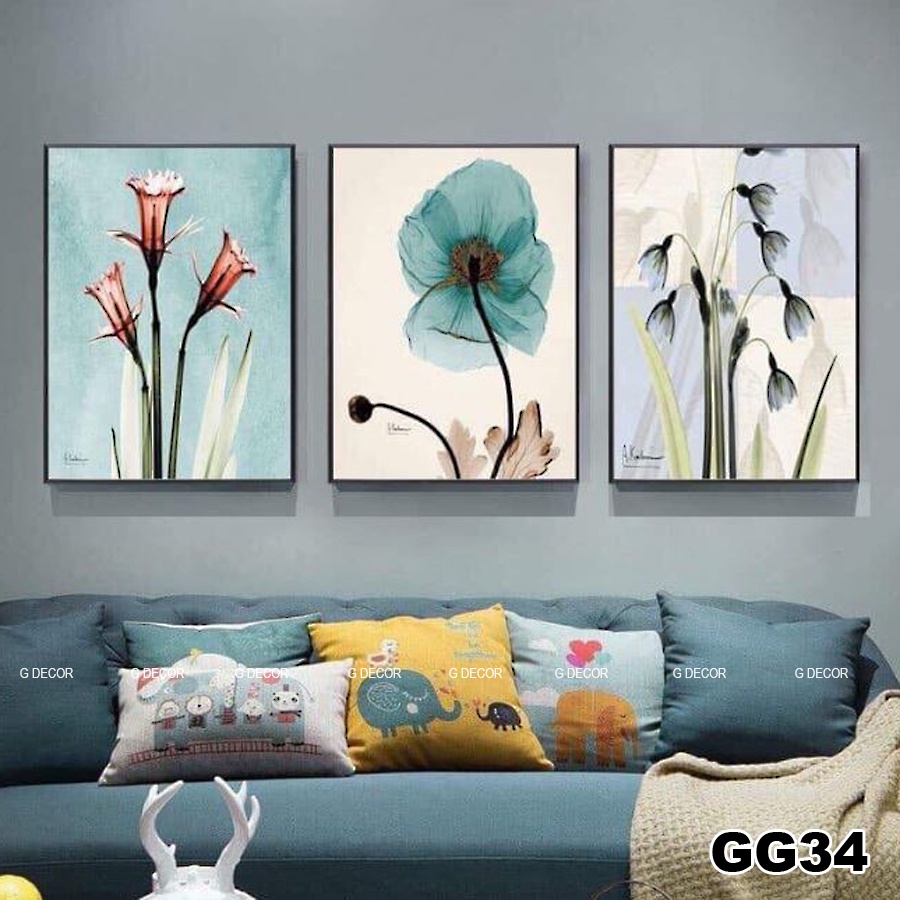 Tranh treo tường canvas 3 bức phong cách hiện đại Bắc Âu 211, tranh hoa trang trí phòng khách, phòng ngủ, phòng ăn, spa