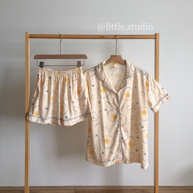 Bộ pyjama mặc nhà họa tiết trứng rán dễ thương đơn giản chất thun mỏng nhẹ thoáng mát Hàn Quốc mùa hè | BigBuy360 - bigbuy360.vn