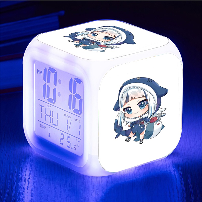 Đồng hồ báo thức để bàn in hình GAWR GURA Hololive Vtuber đèn LED đổi màu anime chibi xinh xắn