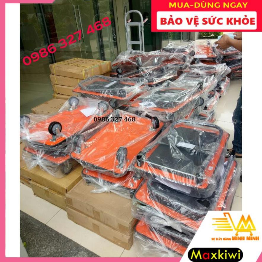 [BH 12th - Clip thật] Xe Đẩy Hàng 150kg, Xe Đẩy Hàng 4 Bánh Maxkiwi- Sàn Thép, Tải Trọng 150kg, Tay Đẩy Gập Gọn