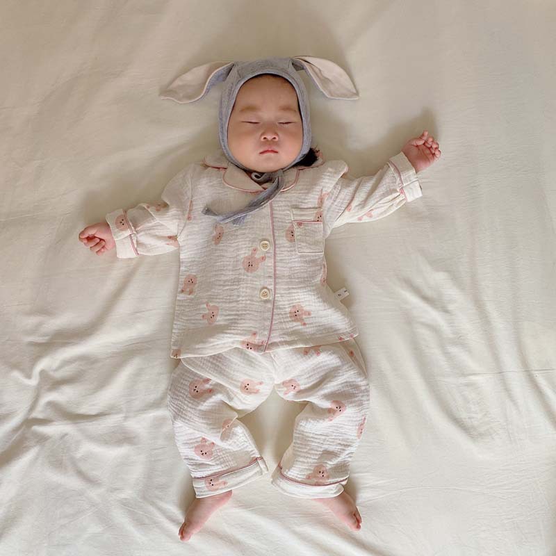 Bộ Đồ Ngủ Tay Dài Chất Cotton Mỏng Phong Cách Hàn Quốc Thời Trang Xuân Thu Xinh Xắn Cho Bé Gái