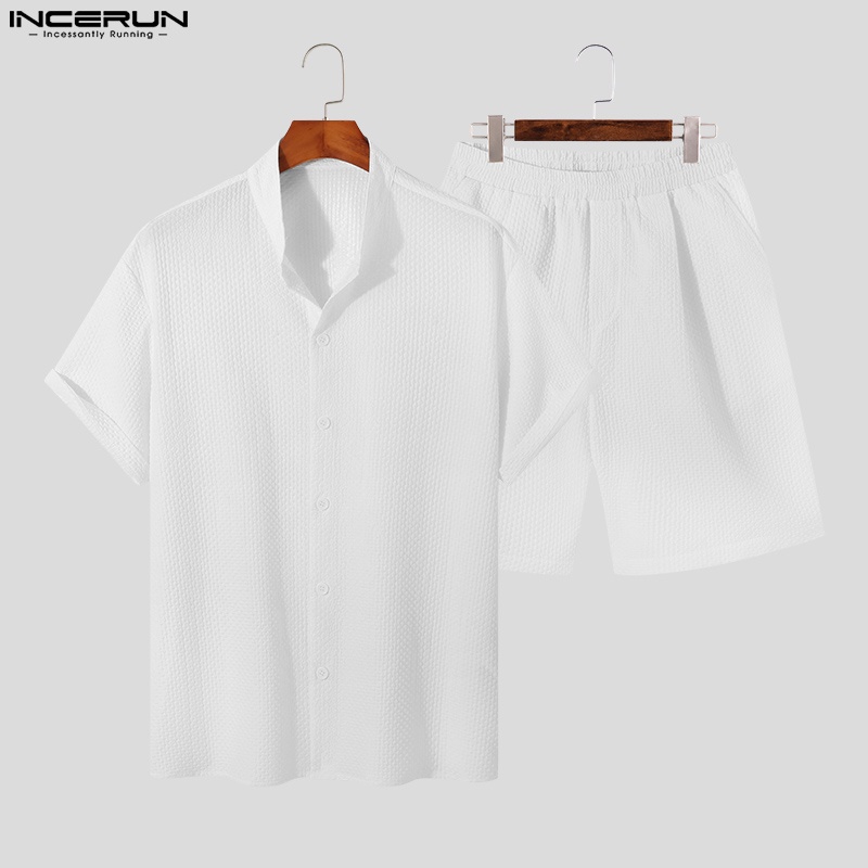 Set áo sơ mi tay ngắn cổ đứng +quần short INCERUN màu trơn thời trang cho nam