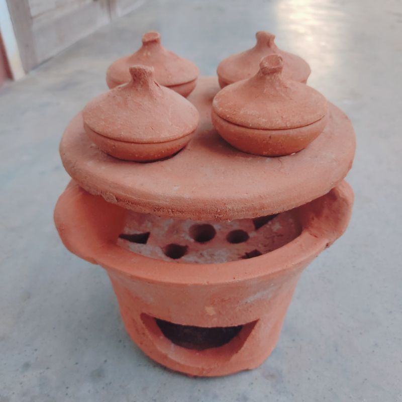 Set lò + khuôn bánh căn đất nung 4 chén đất kèm nắp và đế để chén - Hàng thủ công xứ Nẫu - Ảnh thật shop chụp