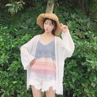 [ sẵn xanh]Set áo 2 dây đan len phối lưới áo khoác chiffon (kèm hình thật)