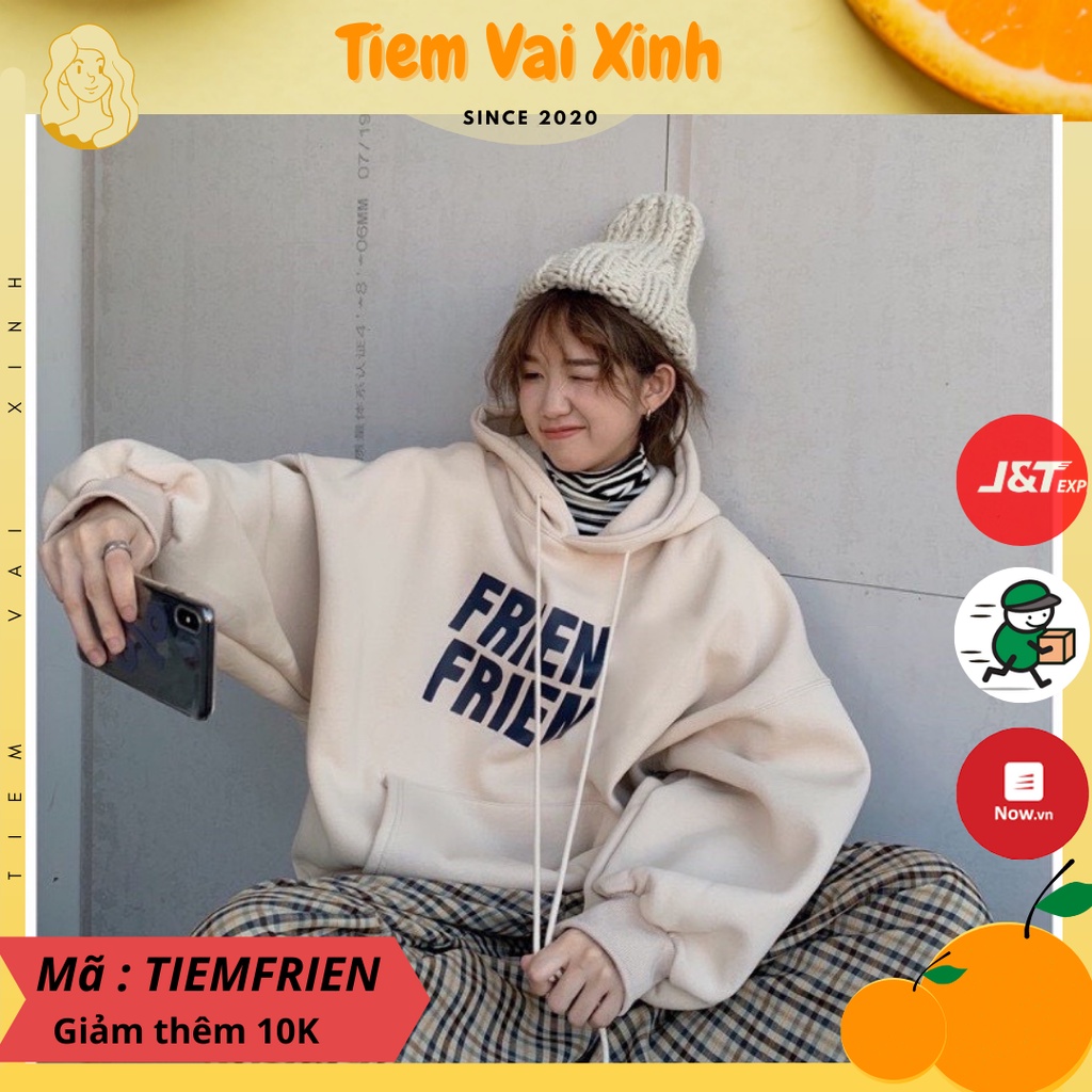 Áo Hoodie Dáng Rộng 🍊Tiệm Vải Xinh🍊 Áo Hoodie Nữ Tay Rộng Lót Bông Dáng Rộng Chữ Frien Mũ 2 Lớp