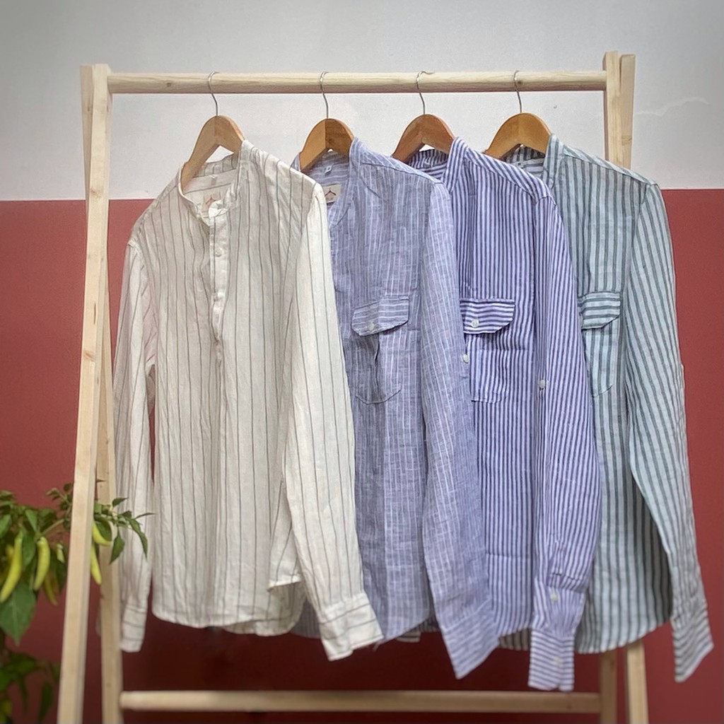 Áo Sơ Mi Nam Cổ Trụ Tay Dài Linen Tưng Sọc