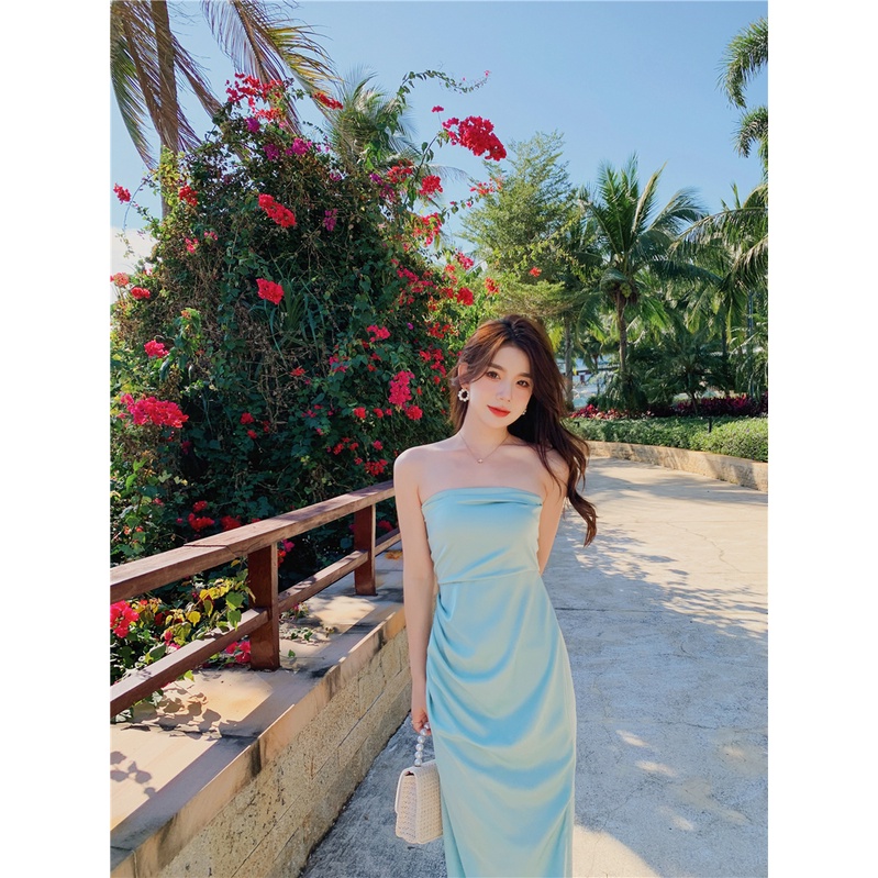 Đầm Dài Dạng Ống Hở Vai Nhấn Eo Xẻ Tà Màu Xanh Bạc Hà Tươi Tắn