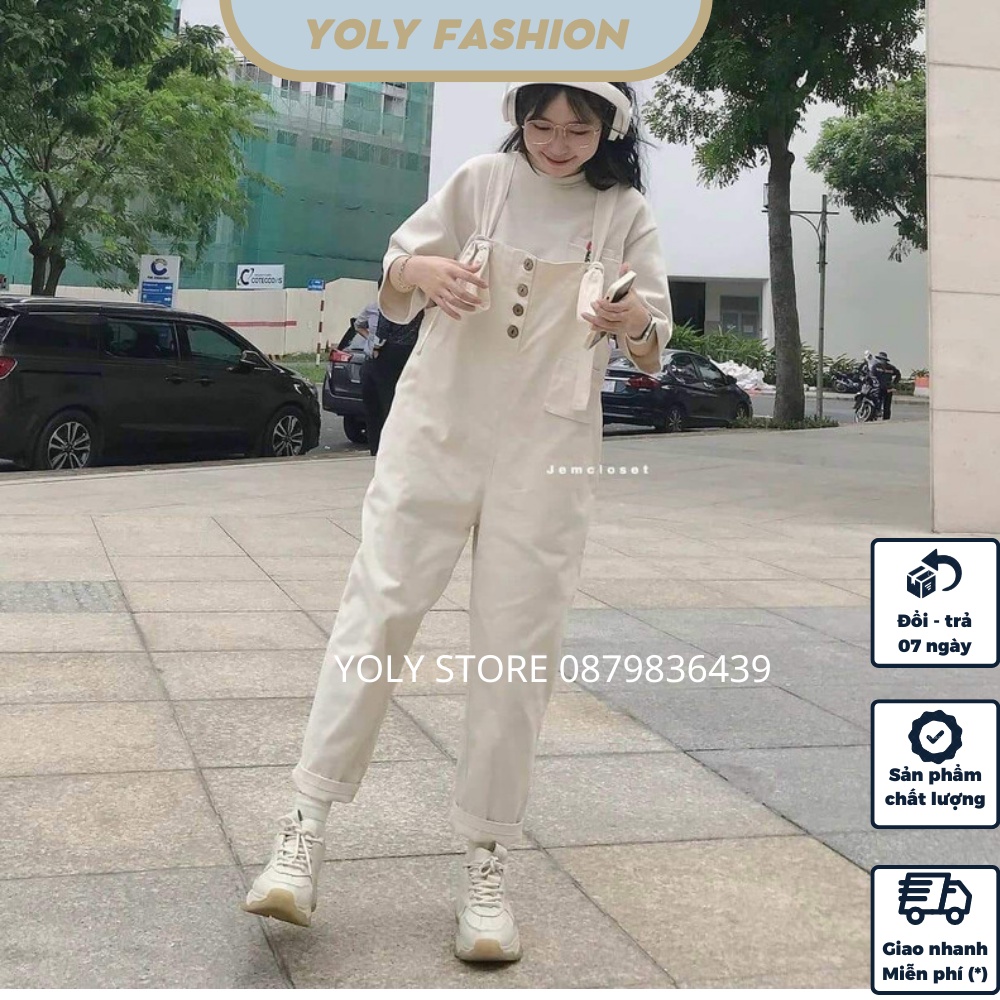 Quần Yếm Nữ Ống Rộng Kaki Trơn Màu Be Và Màu Đen Yếm Quần Dài Phong Cách Hàn Quốc Có Túi Trước