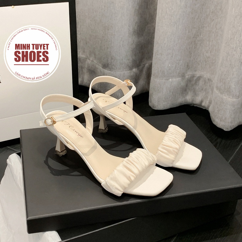 giày cao gót nhọn 6cm-7cm minhtuyetshoes xăng đan quai ngang nhún bèo voan mẫu mới hè 2022