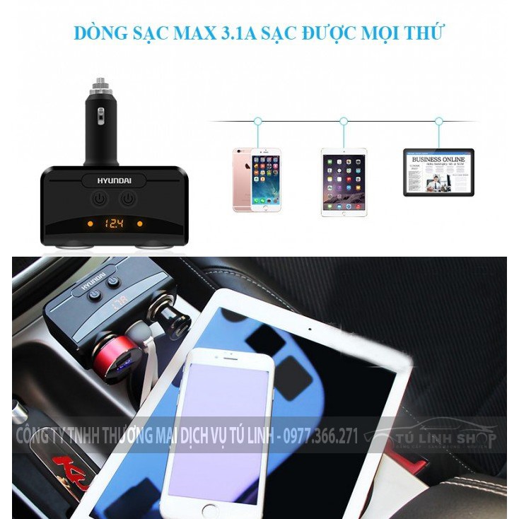 Bộ chia 2 cổng tẩu, 2 cổng usb chính hãng Hyundai hiển thị điện áp ô tô