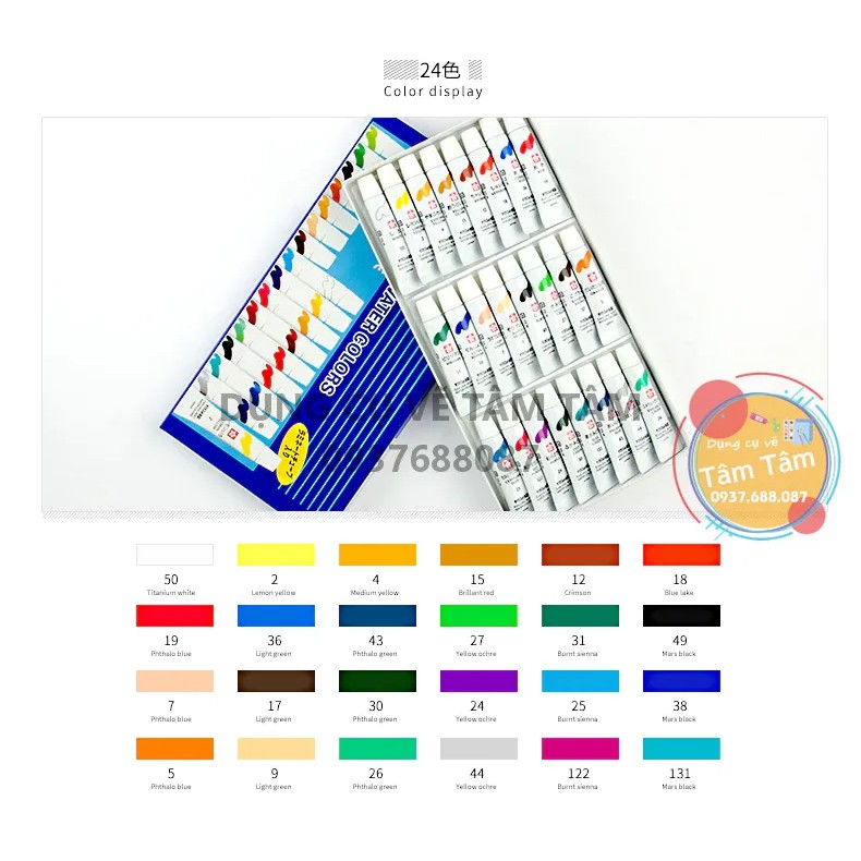 [ TÂM TÂM ]-Màu nước MAT WATER COLORS LAMINATED TUBE 24 màu 5ml-