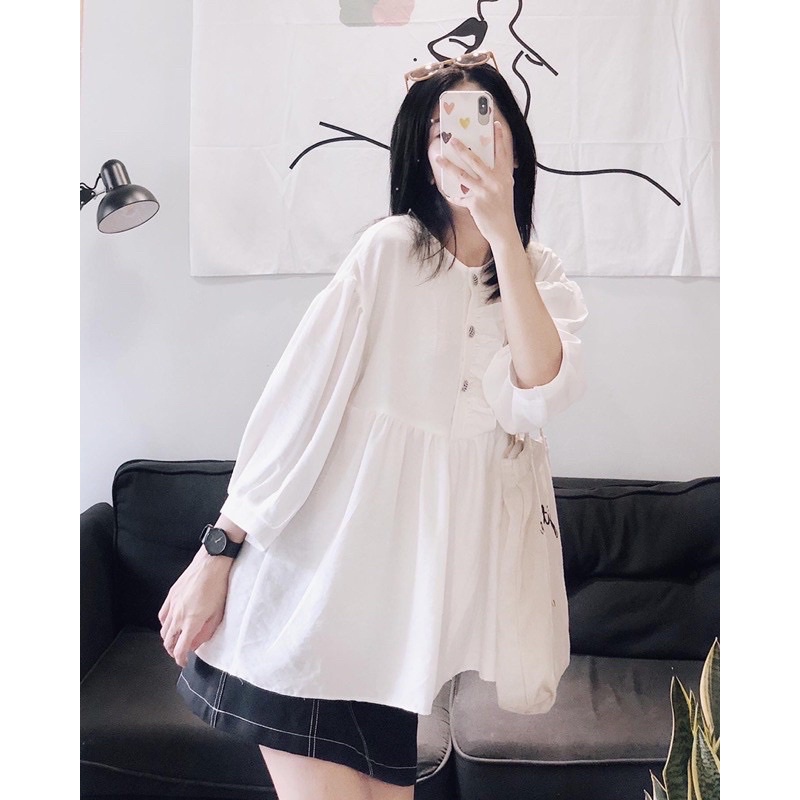 Áo bẦU BABYDOLL  From Rộng tay lỡ Chất Đũi mềm- mịn - mát .Bầu Bí Bon Chen thoải mái đến sinh