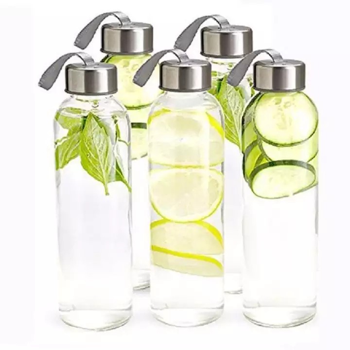 Bình nước thủy tinh nhỏ gọn, chịu nhiệt tốt có dây cầm dung tích 350ml - Vải chống nhăn