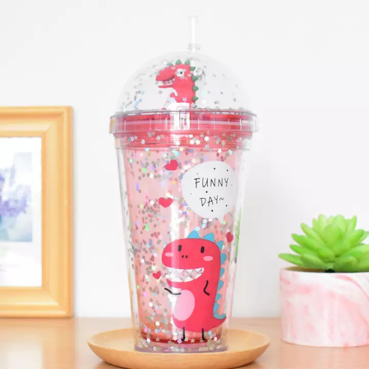 Ly Nhựa Lấp Lánh Hình Khủng Long 2 Lớp Giữ Nhiệt Có Ống Hút