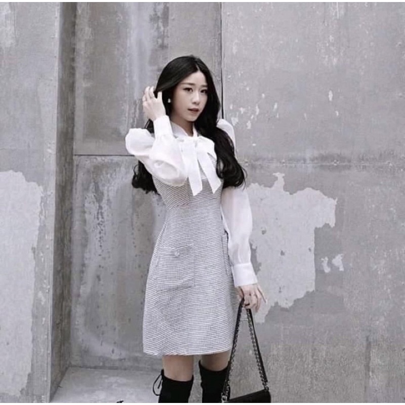 Váy tweed dài tay màu đen