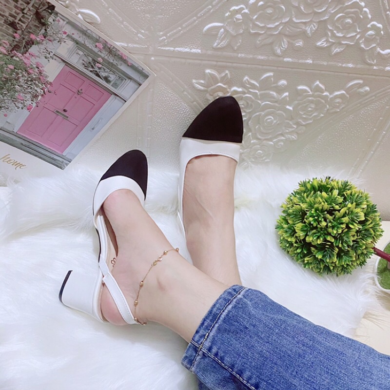 Giày Sandal vá mũi da lộn cao gót 5-7p chà nel công sở thanh lịch